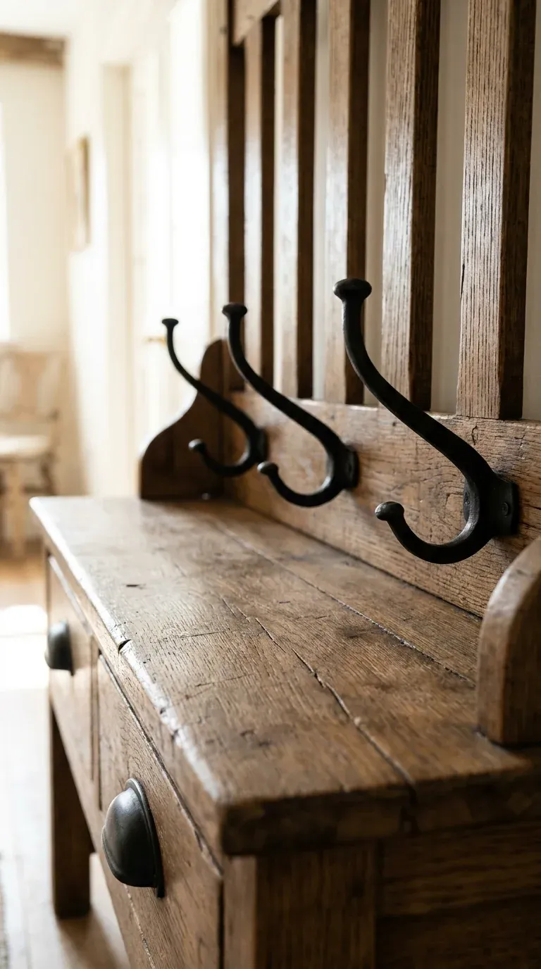 Close-up of matte black hardware on a weathered oak hall tree bench showing rich wood grain texture