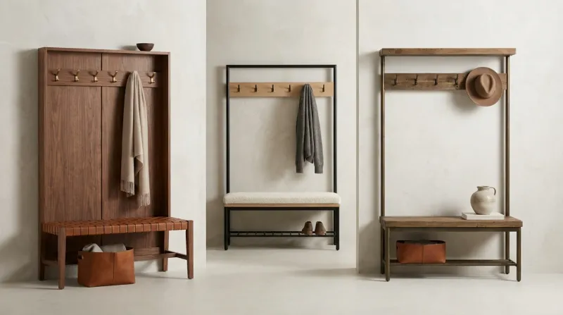 Solid wood hall tree with a built-in bench seat, row of coat hooks, and lower shoe shelf neatly organizing a bright entryway