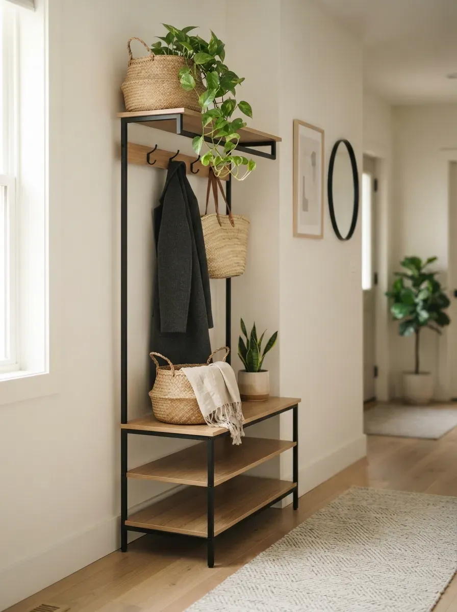Minimalist corner hall tree styled with woven baskets and indoor plants