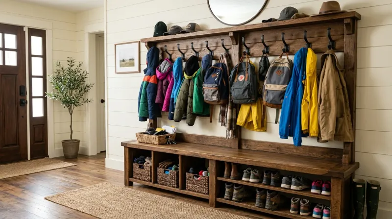 A large wooden hall tree with bench, hooks, and shoe storage anchoring a double-wide foyer entryway