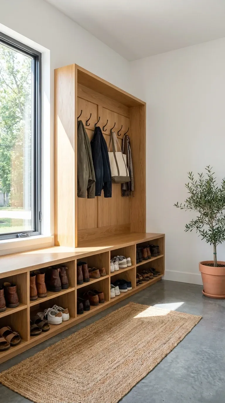 Detailed editorial view of an organized modern entryway featuring a wooden hall tree with integrated shoe cubbies and metal coat hooks