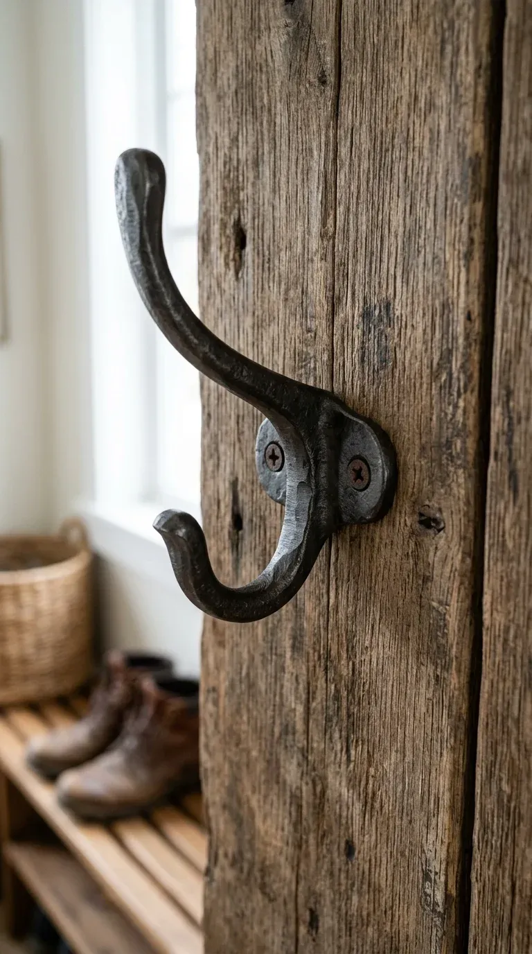 Close-up of a high-quality cast iron double coat hook mounted securely to a weathered wood back panel