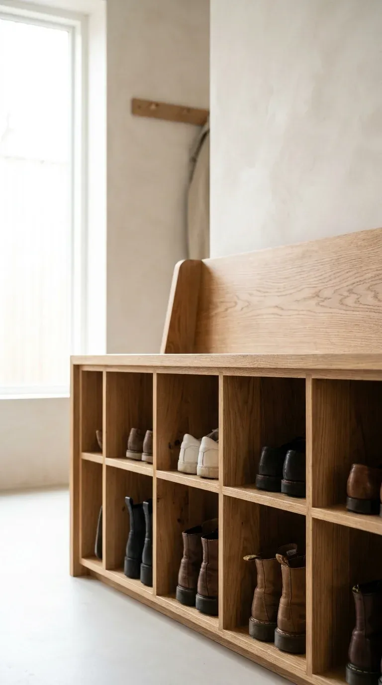Close-up structural view of a wooden hall tree bench highlighting individual shoe cubby dimensions and wood grain