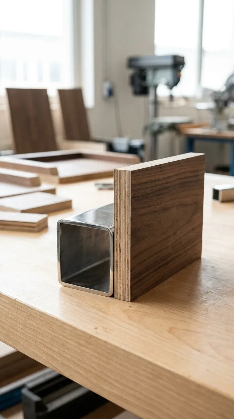Cross-section photo of premium steel tubing and heavy-duty laminated wood panel used in high-quality hall tree manufacturing