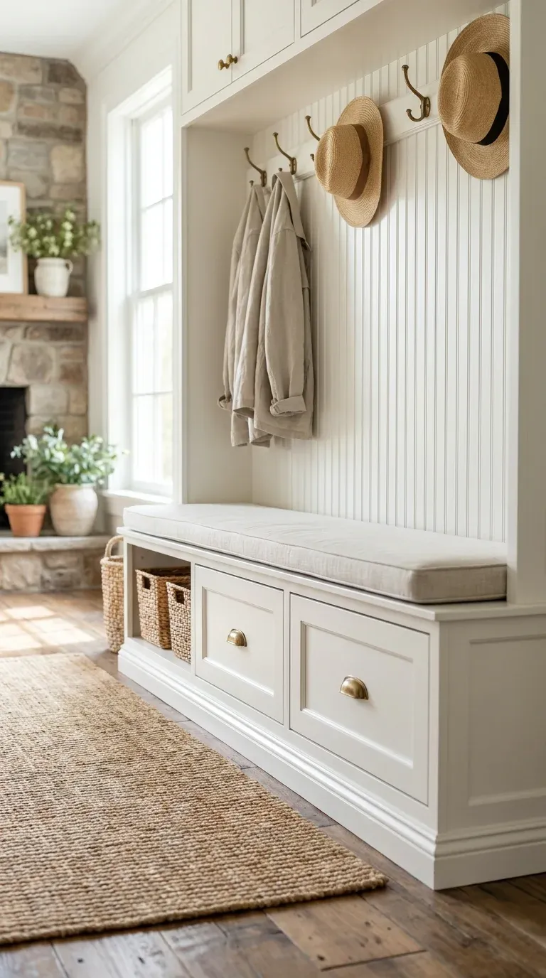 Elegant white farmhouse hall tree with beadboard back panel and deep lower drawer drawers