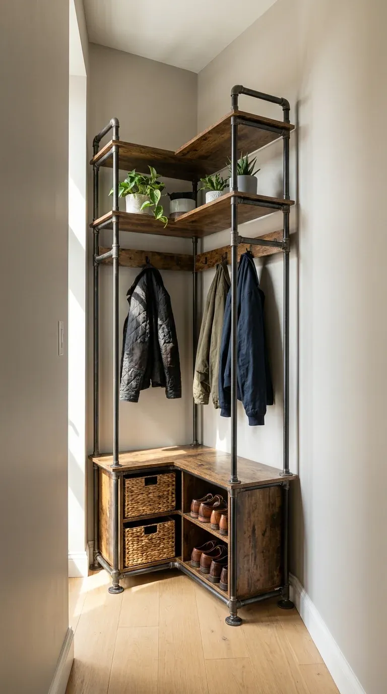 Compact industrial-style corner hall tree fitting snugly into a 90-degree corner of a small hallway