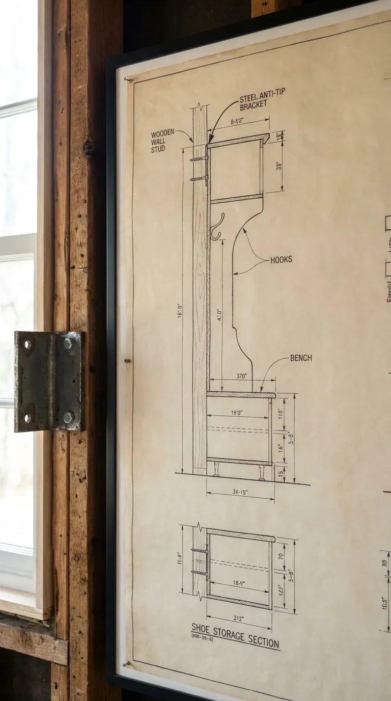 Technical drawing showing a hall tree anchored to a wooden wall stud with steel anti-tip brackets