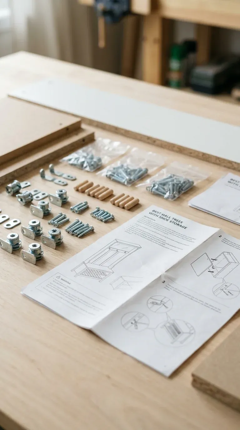 Top-down photo of flat-pack furniture hardware including cam-locks, wood dowels, and assembly instructions