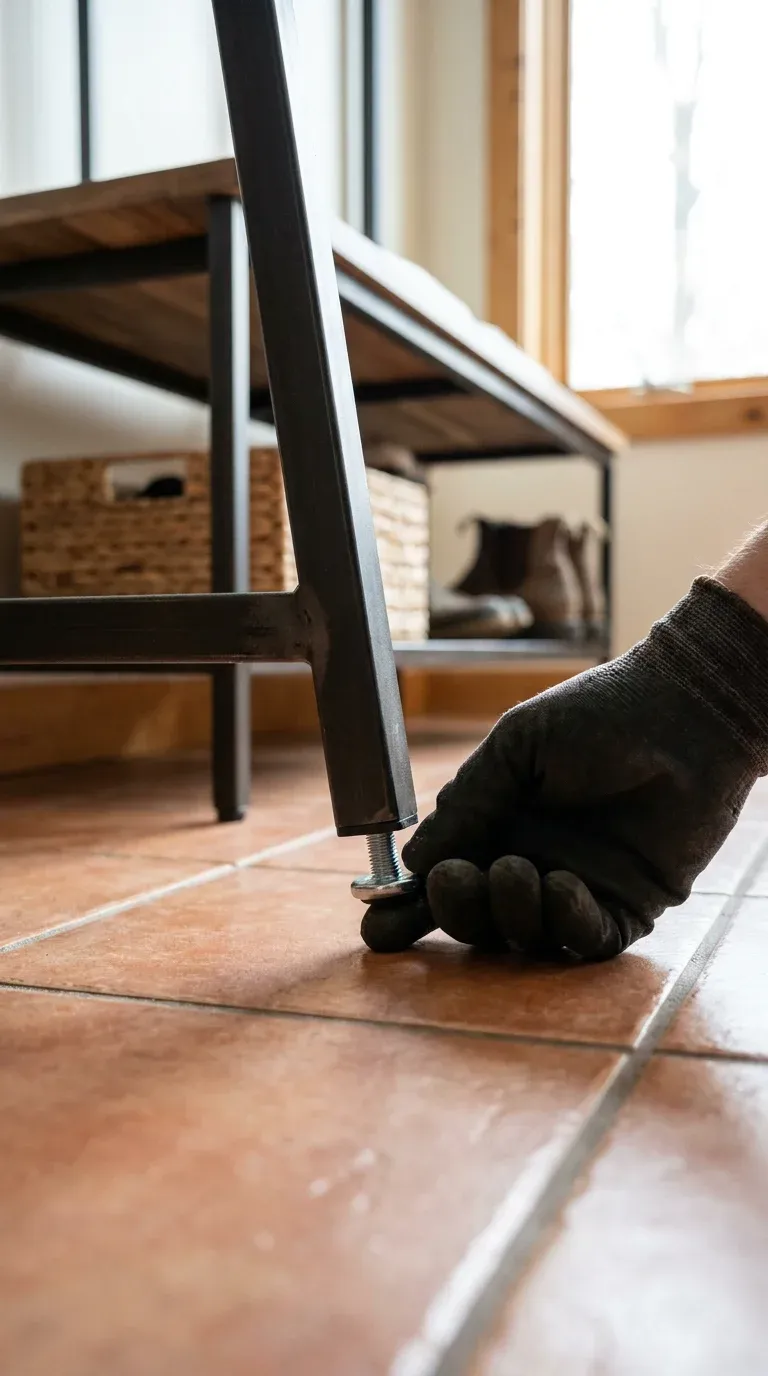 Hand adjusting a threaded leveling foot on the metal leg of a hall tree placed on a ceramic tile floor
