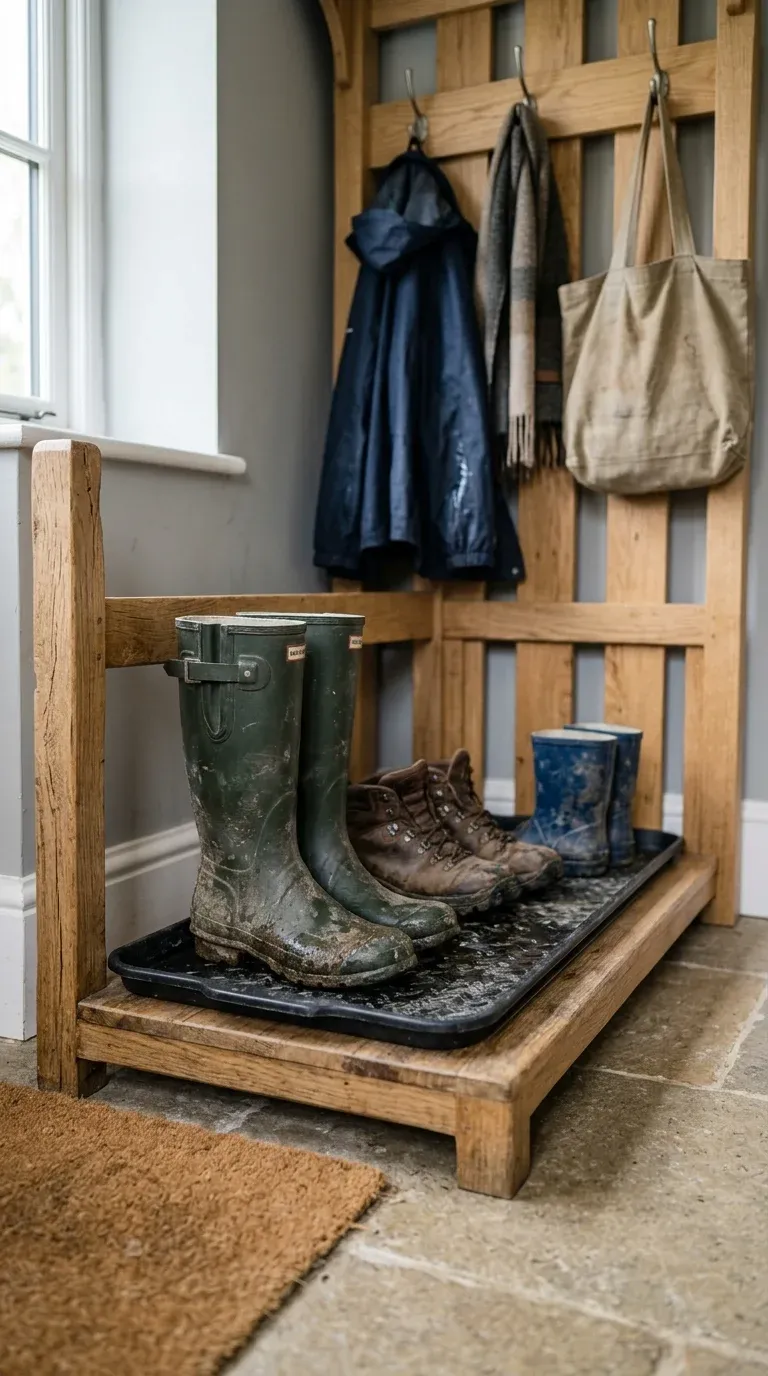 Close-up of a rubber boot tray filled with wet boots sitting on the bottom shelf of an entryway hall tree