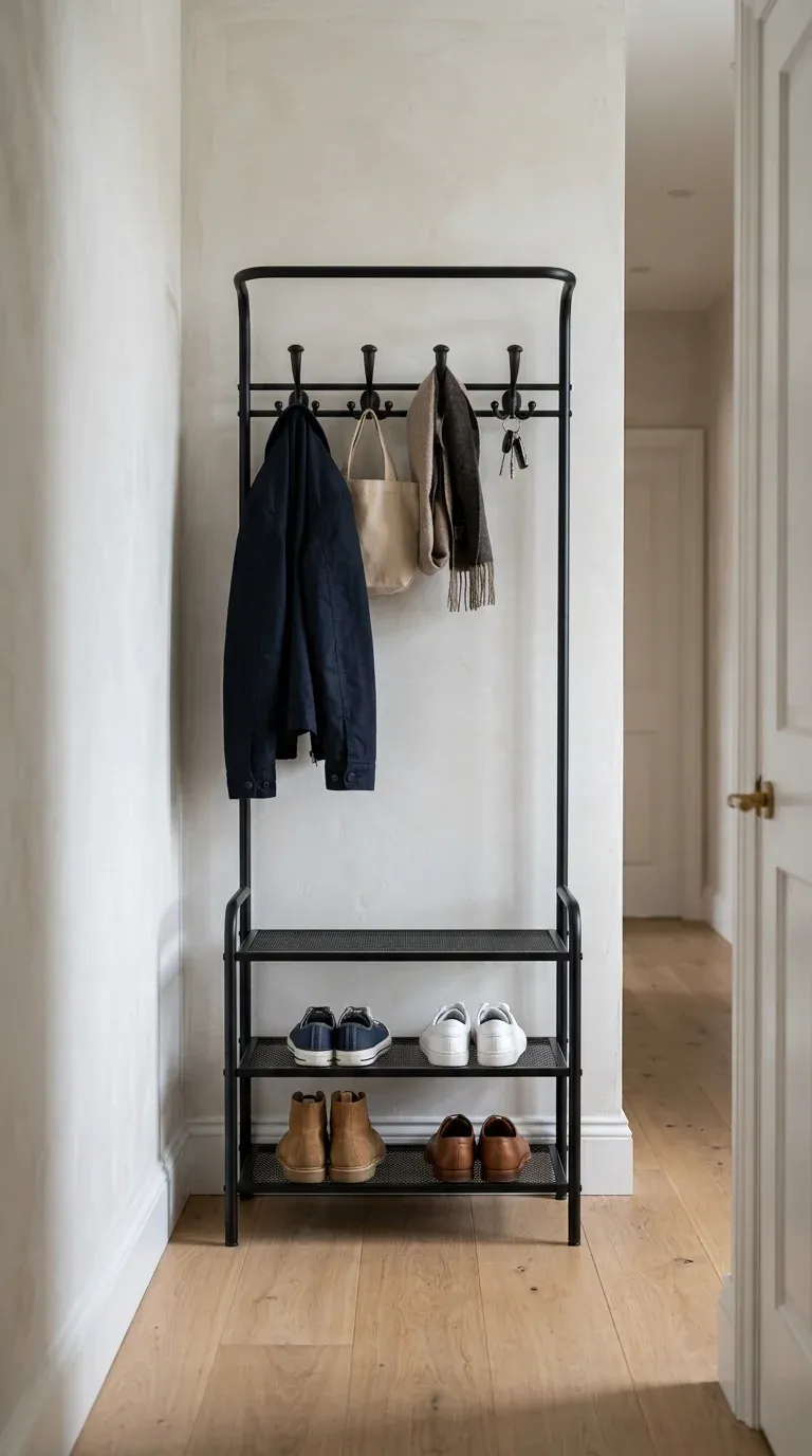 A minimal black powder-coated steel hall tree with dual-tier mesh shoe shelves and four double hooks standing against a clean plaster wall, fitted into a narrow corridor that leaves a clear walking path