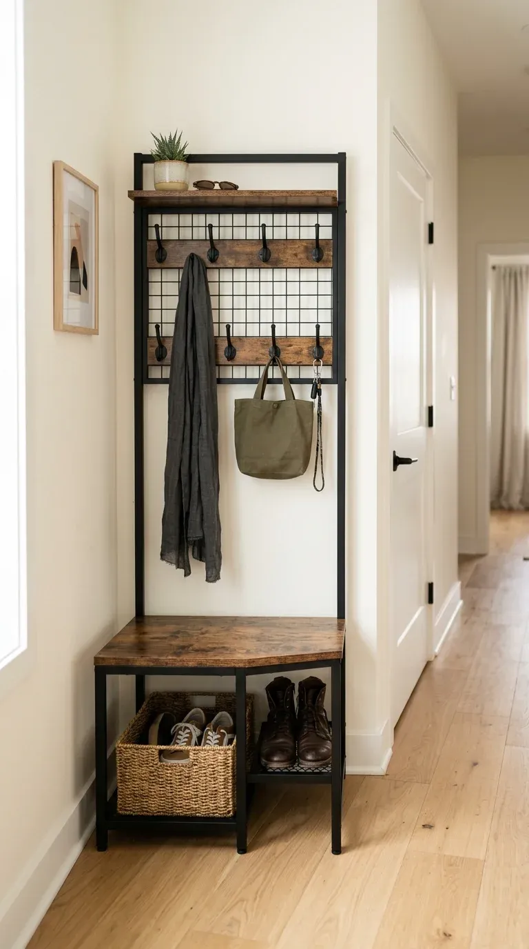 An ultra-slim industrial hall tree with a rustic brown engineered wood bench, matte black steel frame, and adjustable hooks standing in a bright narrow hallway
