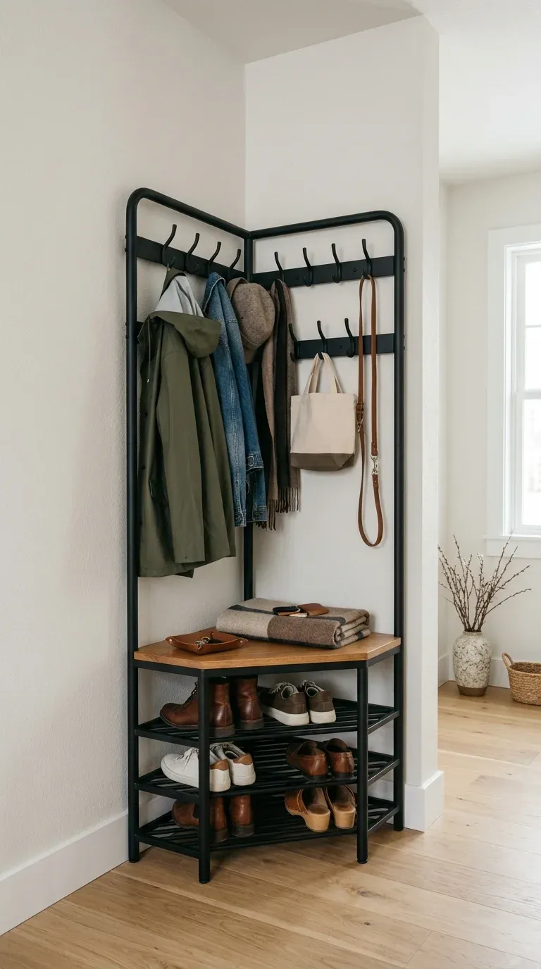 A matte black steel corner hall tree with three open shoe shelves and a small wooden corner seat tucked snugly into a 90-degree wall corner in a compact foyer