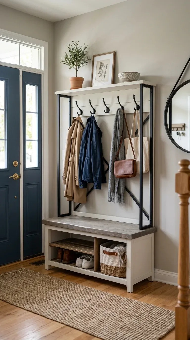 A modern painted wood and steel hall tree with a grey bench, an open lower shoe compartment, and black metal side frames styled into a compact foyer wall