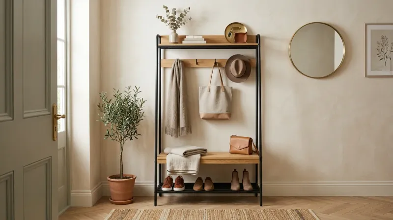 A compact hall tree with hooks, a narrow bench, and open shoe shelves standing against a short entryway wall with a clear walking path in front