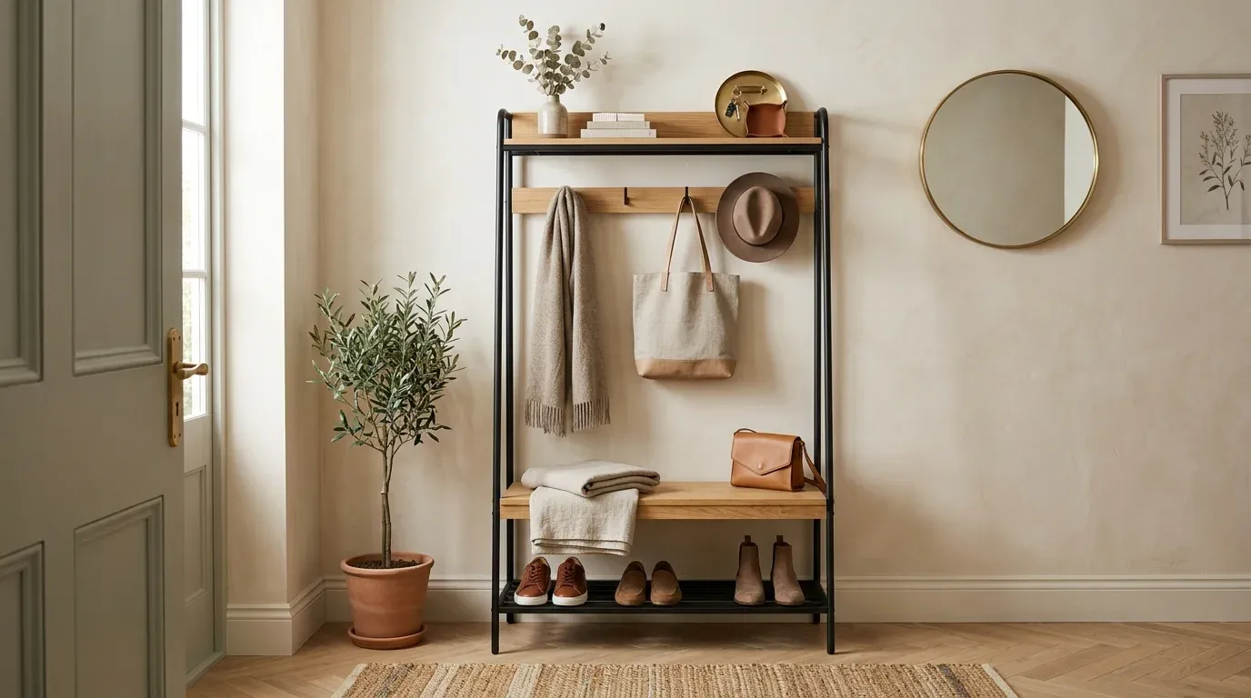 A compact hall tree against a short entryway wall with hooks, a low bench, and open shoe shelves below, leaving clear floor space for a mat in front