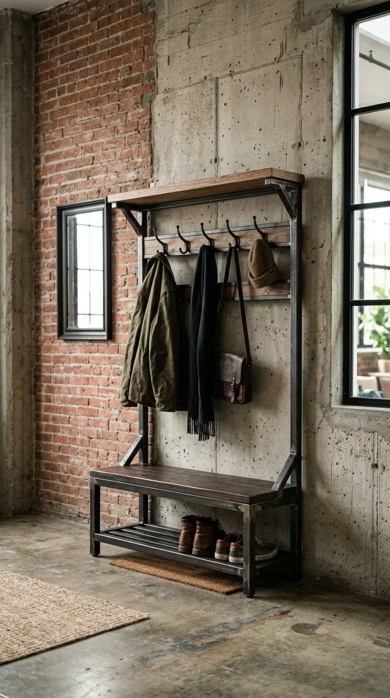 An industrial hall tree in a loft entryway with concrete walls, exposed brick, and a black pipe-and-timber frame loaded with coats and boots