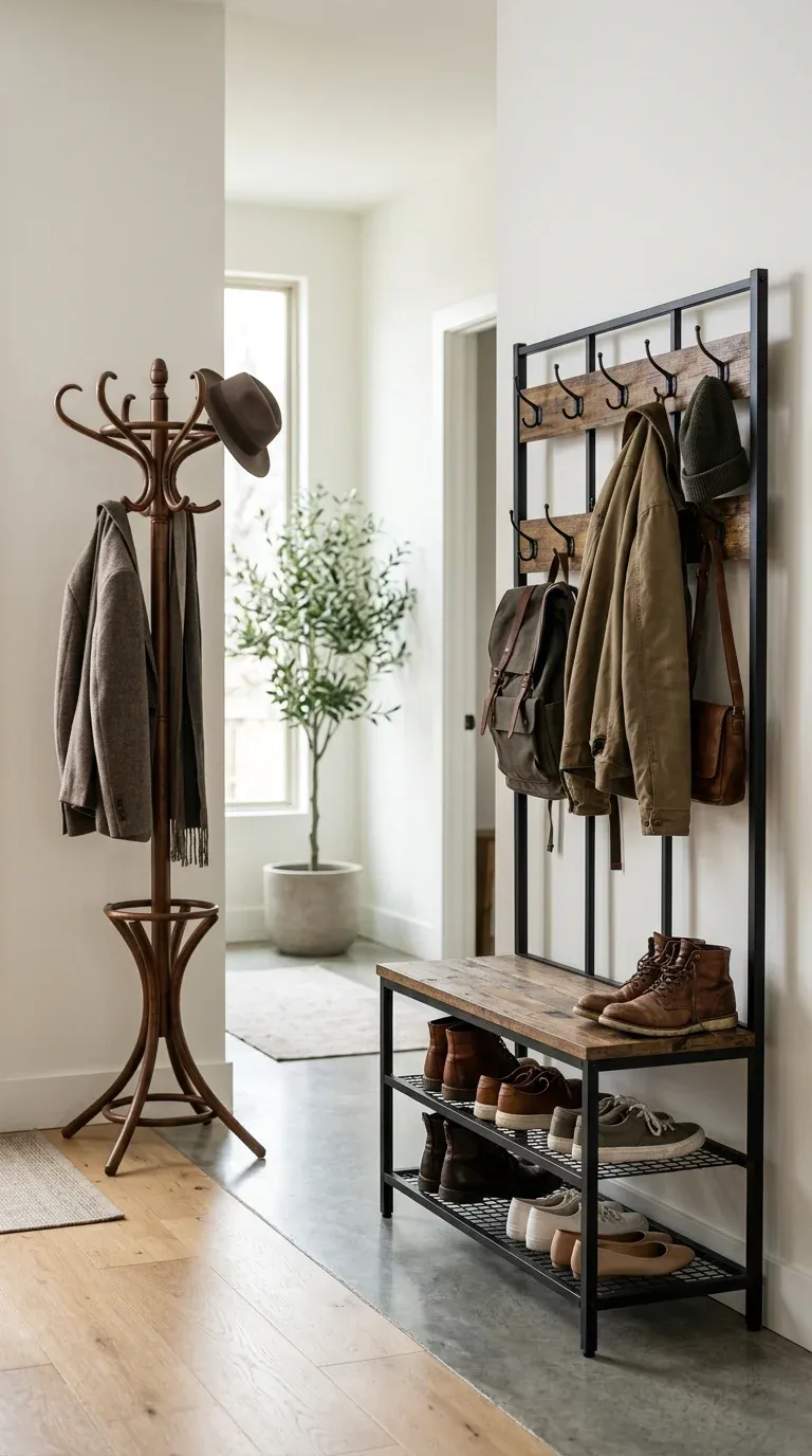 A modern industrial hall tree combining clean black metal lines with warm walnut wood grain in a soft, warmly lit entryway