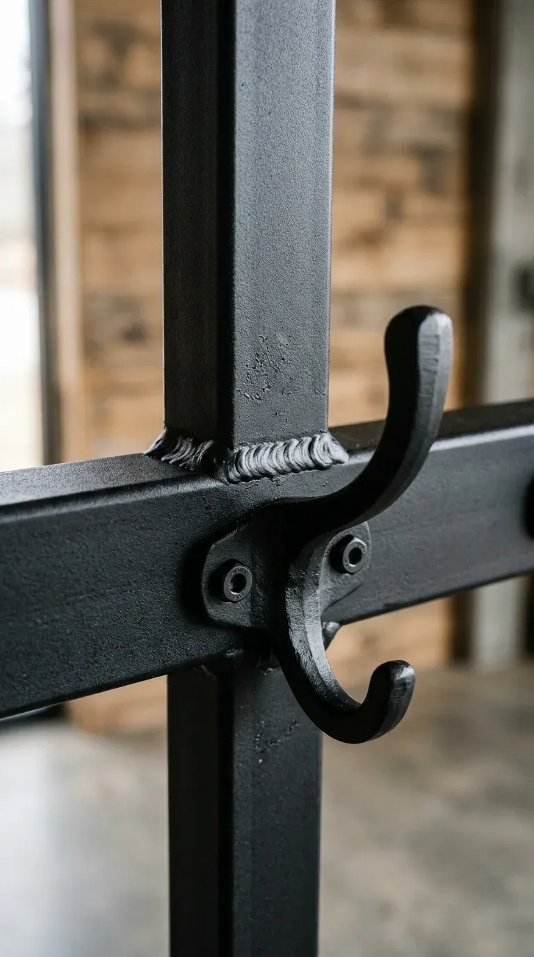 Close-up of a matte black steel frame's smooth welds and heavy double coat hooks rated for heavy winter coats