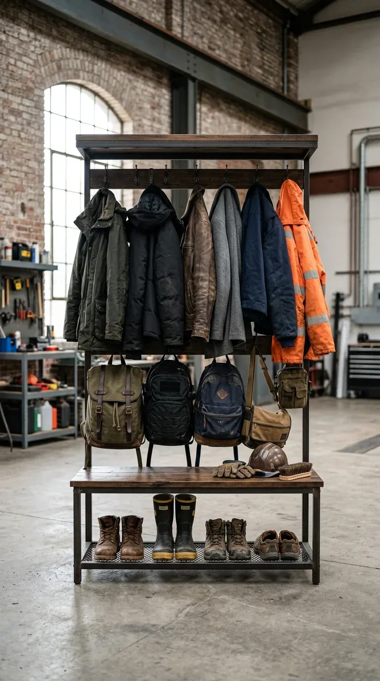 A fully organized industrial hall tree holding heavy winter coats, work boots, backpacks, and galvanized storage bins