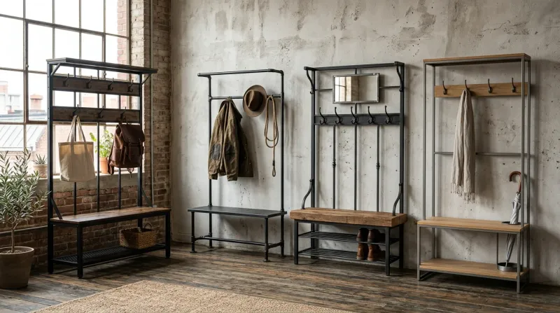 An industrial hall tree with blackened steel pipe frame and reclaimed wood shelves holding coats and boots in a warehouse-inspired entryway.