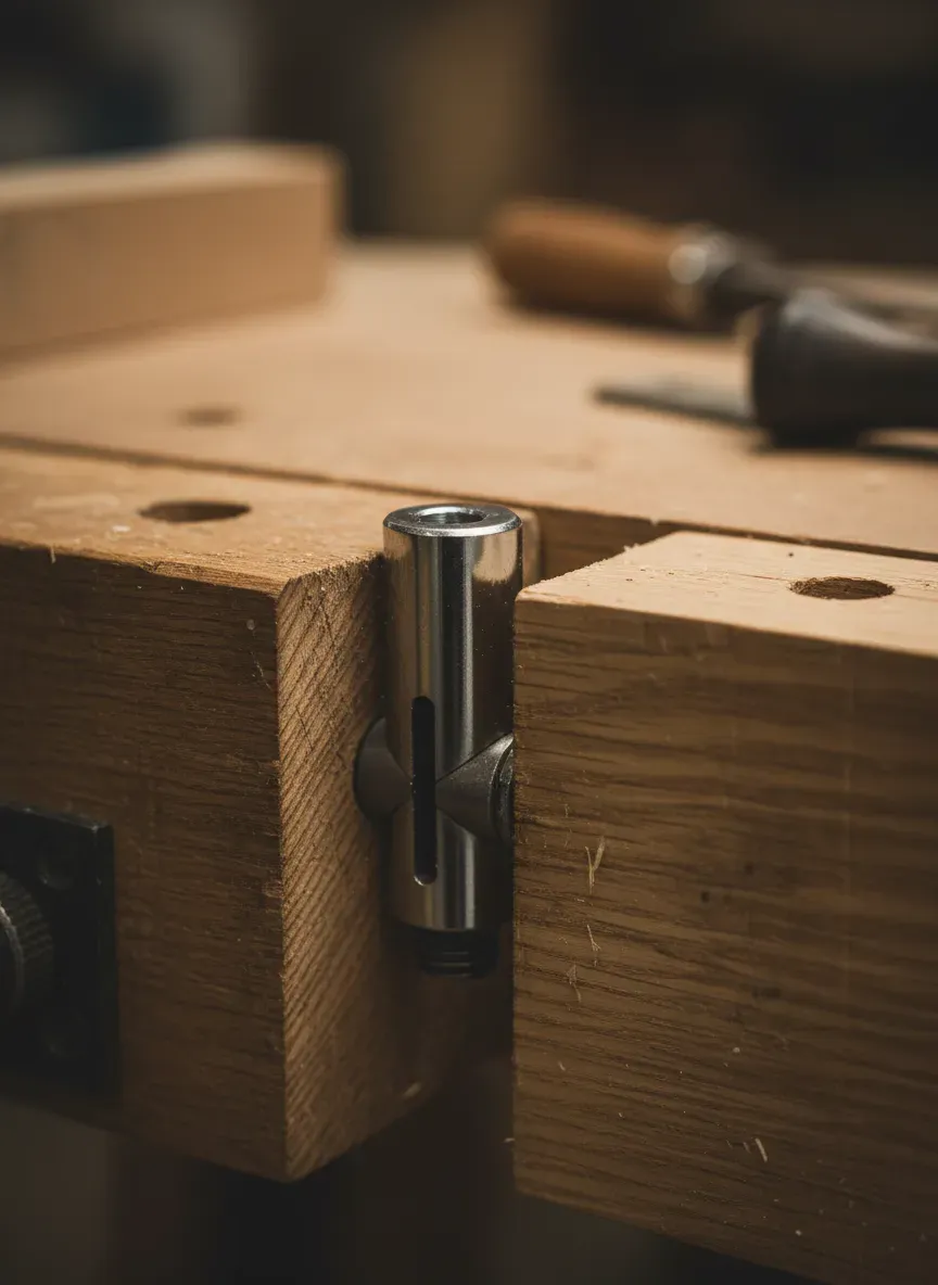 Close up of heavy duty cross dowel hardware in a workbench joint