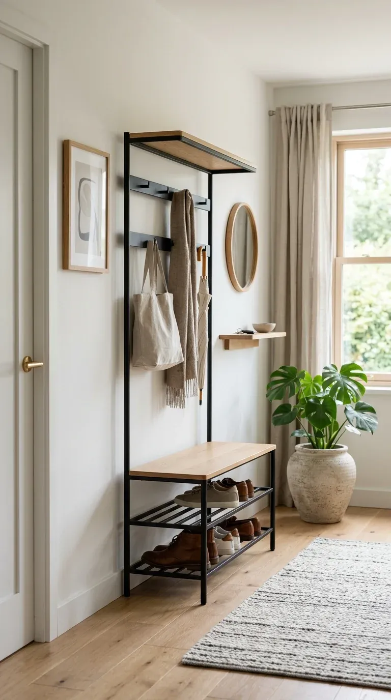 Minimalist metal hall tree in a Scandinavian-style entryway with clean lines and oak accents
