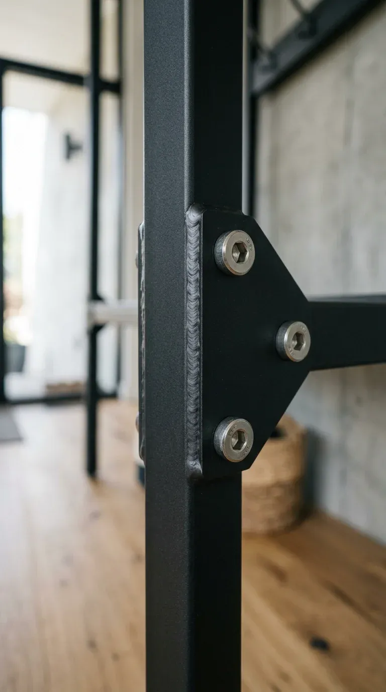 Close-up of powder-coated steel joinery with clean welds and heavy-duty hex bolts