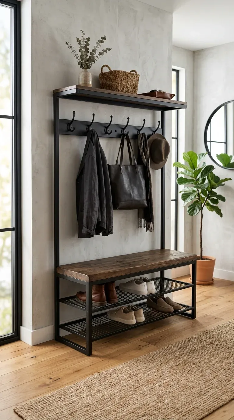 Industrial-style black metal hall tree with wood shelving and wire mesh shoe racks
