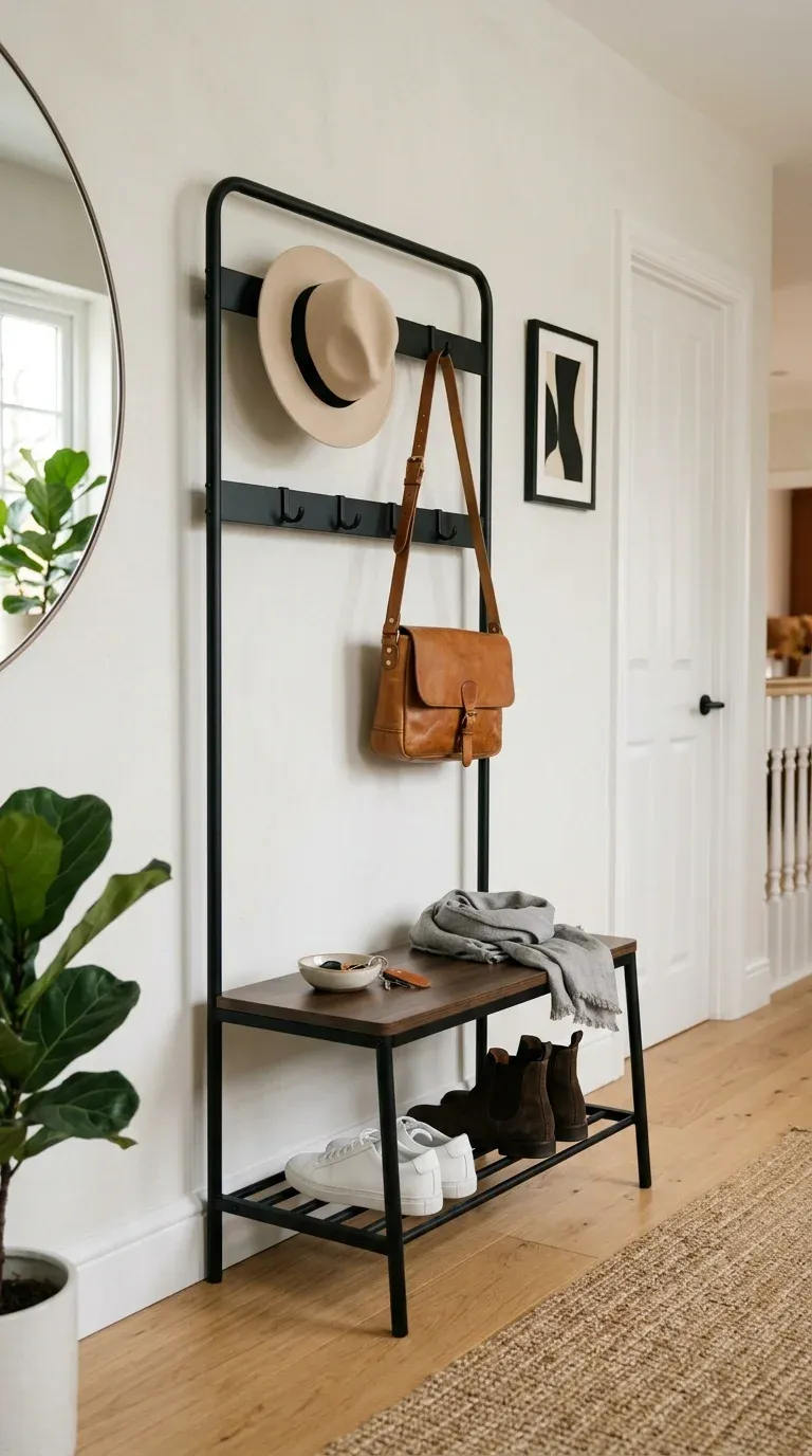 Black metal hall tree styled with minimal modern accessories, a hat, and a leather bag in a tidy entryway