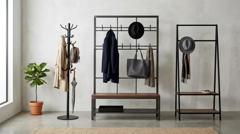 Sleek matte-black metal hall tree in a modern minimalist entryway with concrete floors and soft natural light