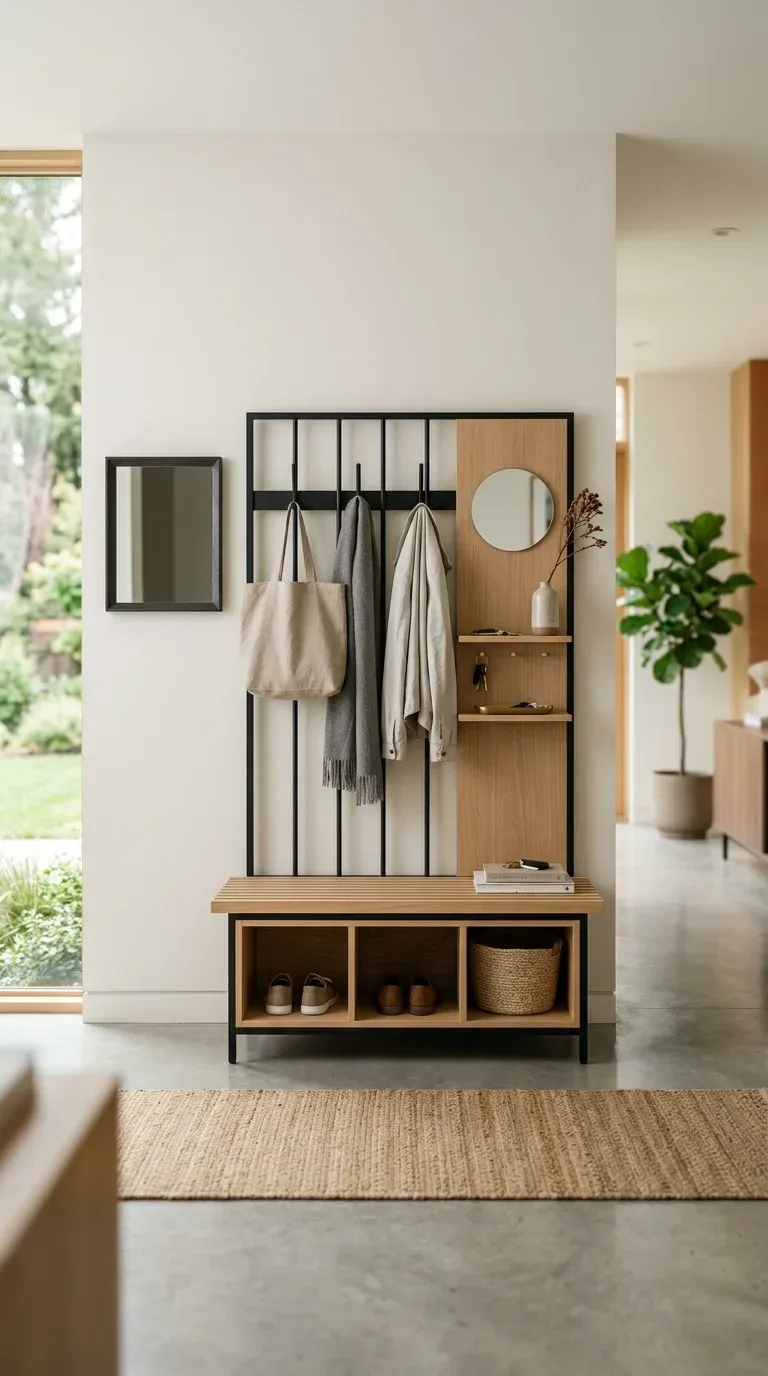 A bright entryway with a modern white oak hall tree, its bench and open shoe tiers styled with a folded throw and a ceramic tray