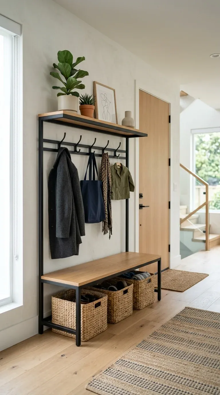 A styled modern entryway with a minimalist hall tree, a folded wool throw, and a potted olive tree on the bench