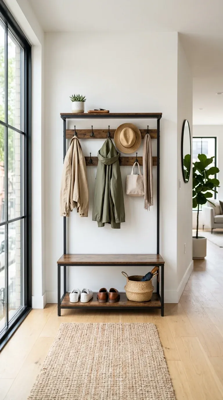 A walnut veneer hall tree with a lift-lid bench and recessed hooks in a softly lit modern hallway