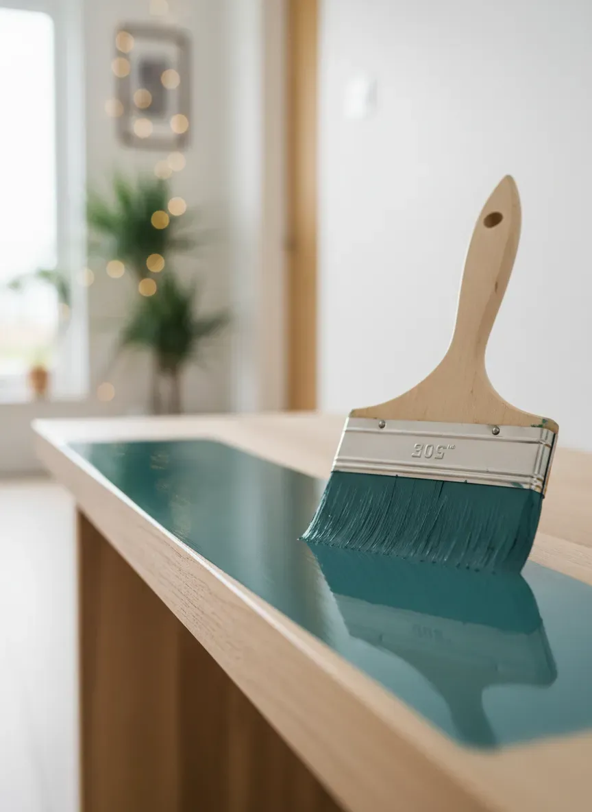 A close-up shot of a paintbrush applying a smooth coat of teal enamel paint to a wooden entryway bench, highlighting the leveling properties of the paint.