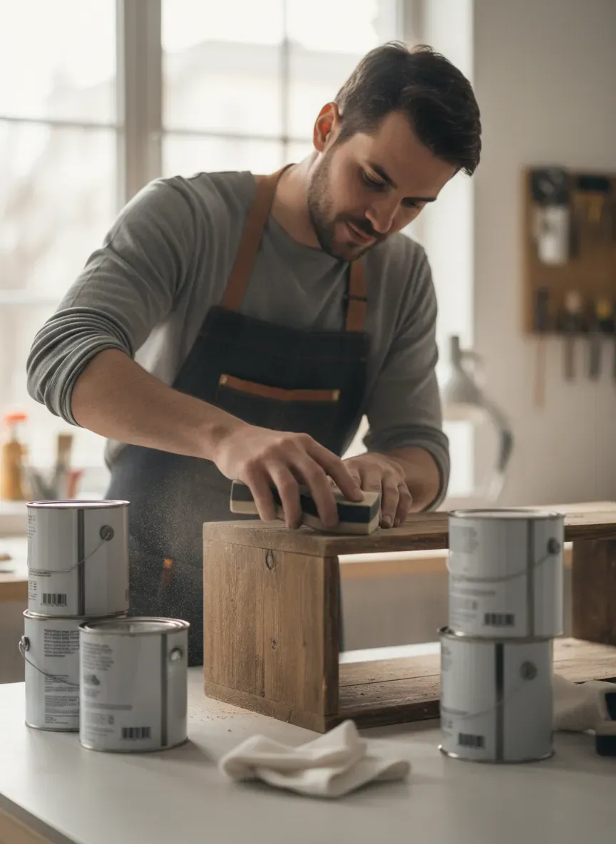 A DIY enthusiast sanding a wooden shelf with a fine-grit sanding block, surrounded by cans of primer and tack cloths, preparing for the painting phase.