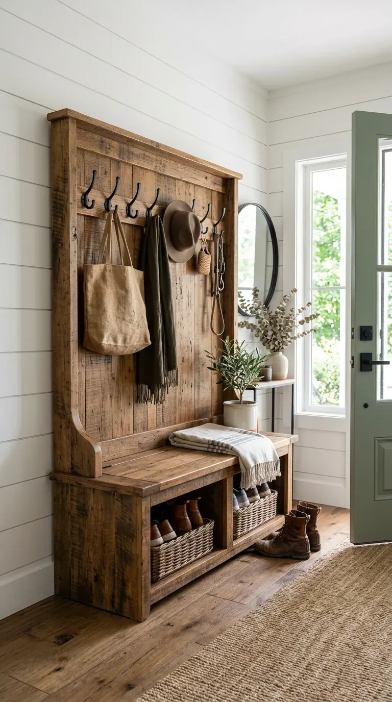 Rustic wooden hall tree with matte black iron hooks and a built-in storage bench in a bright farmhouse entryway