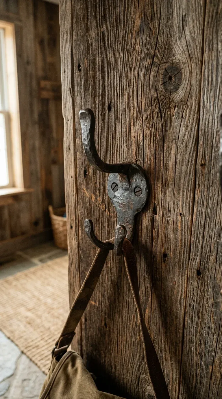 Close-up of reclaimed barnwood texture with wide grain variance and distressed black metal hardware