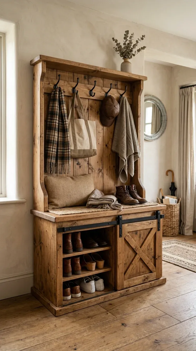 Solid pine rustic hall tree with sliding barn-door panels hiding a shoe storage cabinet