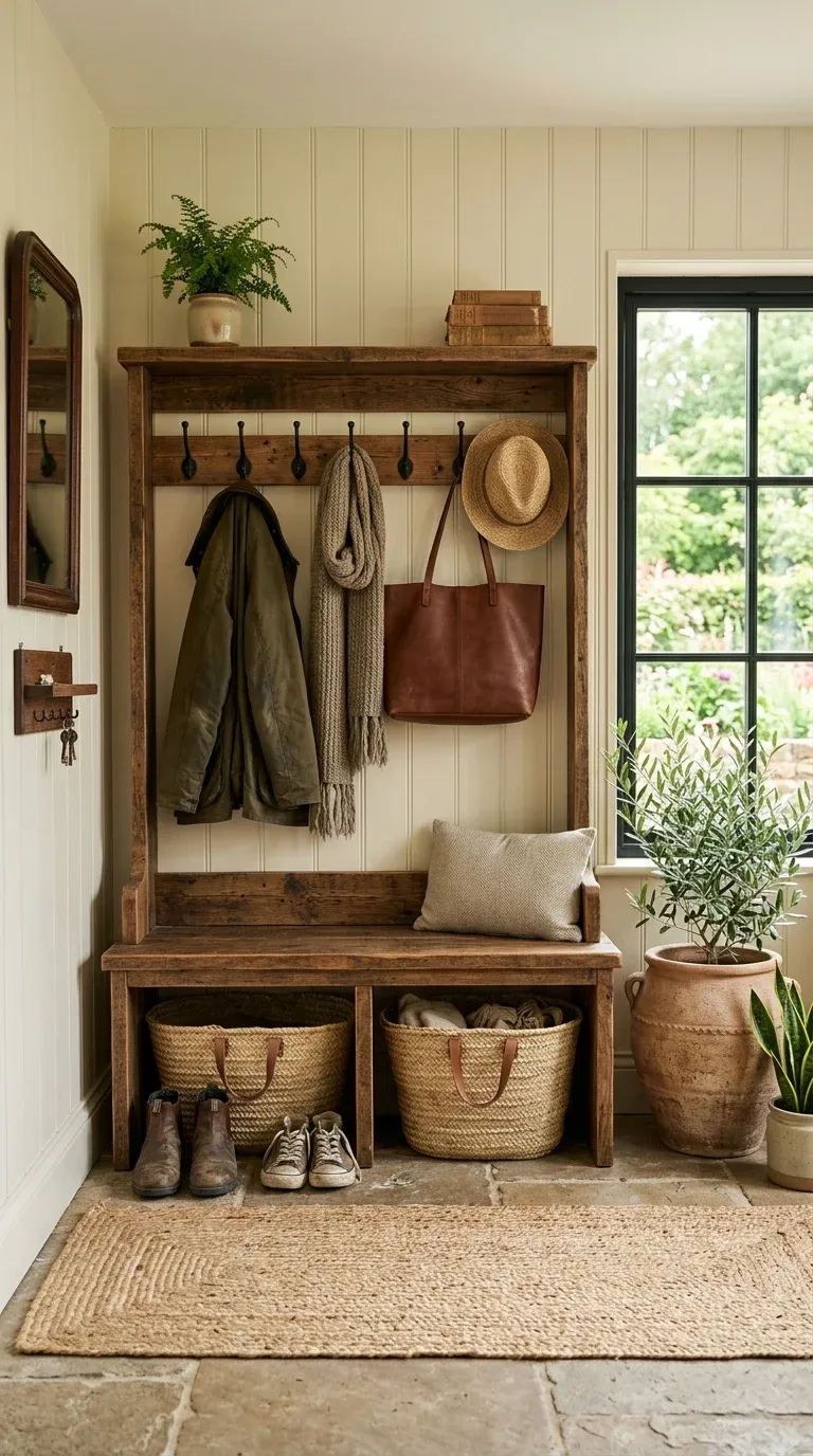 Styled rustic mudroom with a barnwood hall tree, woven baskets, and green potted plants