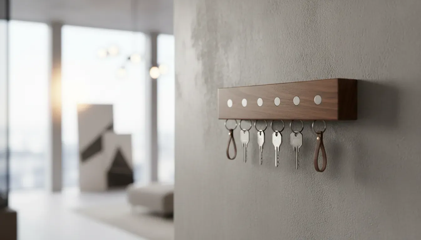 Modern magnetic walnut key holder mounted on a grey wall
