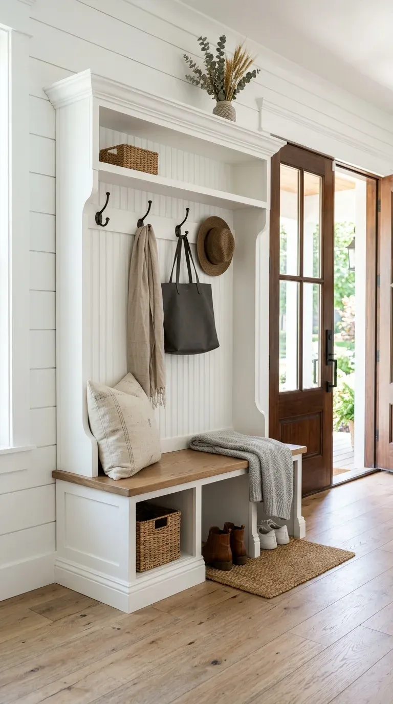 A bright farmhouse entryway featuring a tall white hall tree with beadboard detailing, oil-rubbed bronze hooks, and a built-in bench styled with a neutral throw pillow