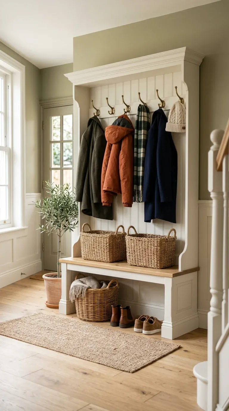 A small cottage entryway with a white hall tree tucked neatly into the corner, holding coats and woven wicker baskets