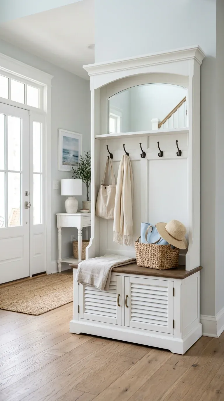 A white coastal hall tree with louvered cabinet doors beneath the bench standing in a sunlit foyer