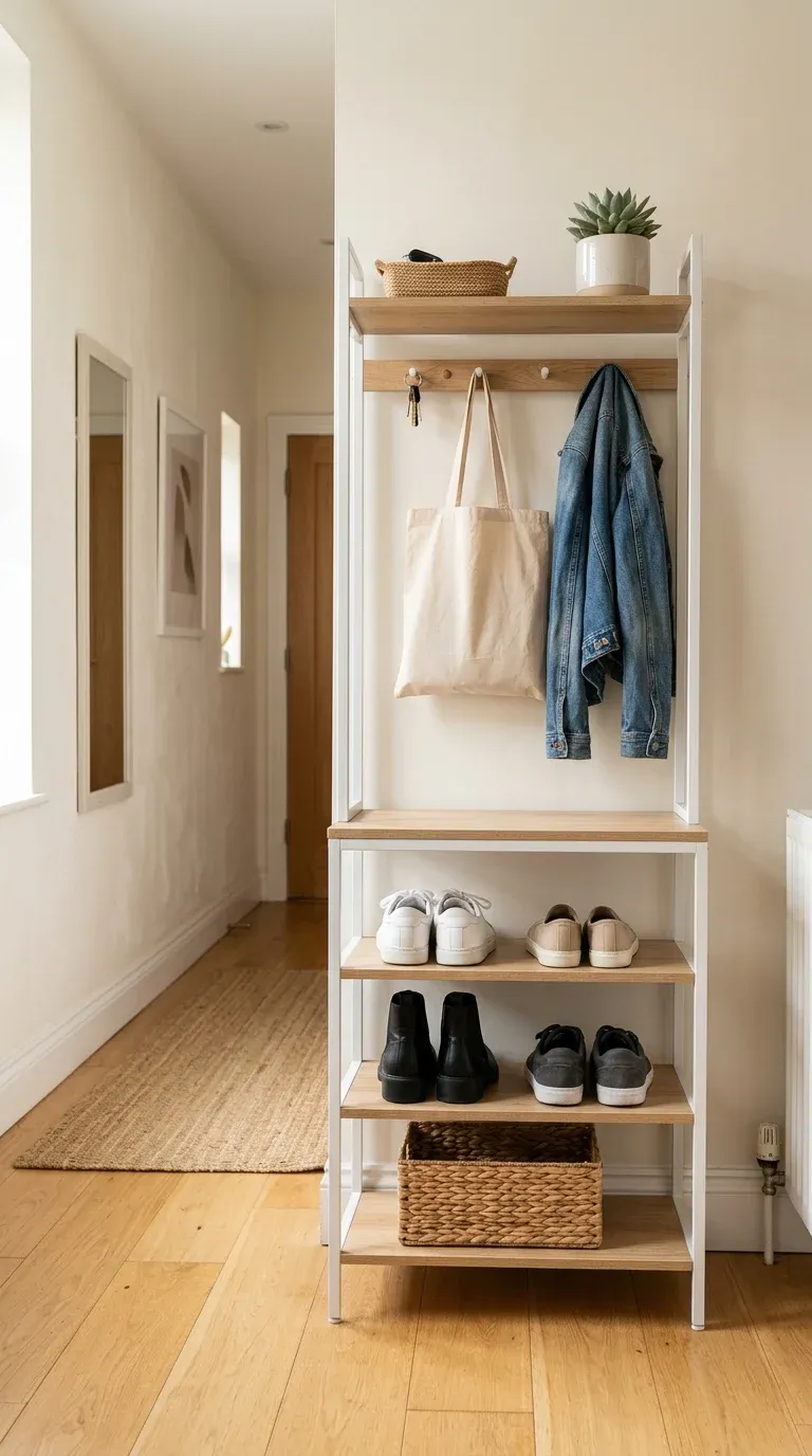 A white and light-oak industrial hall tree with open wire shoe shelves tucked into a slim apartment hallway