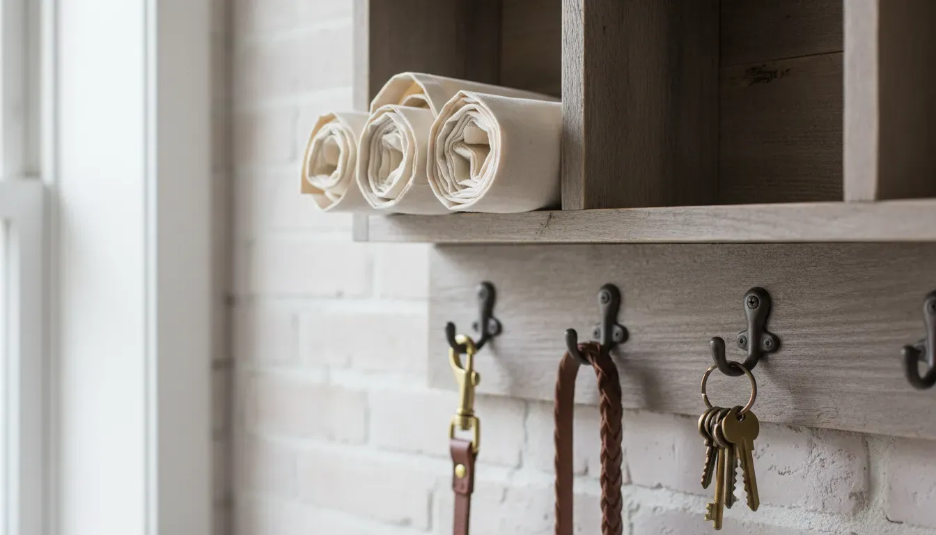 A detail shot of a rustic wall organizer holding reusable canvas bags, a dog leash, and a set of keys