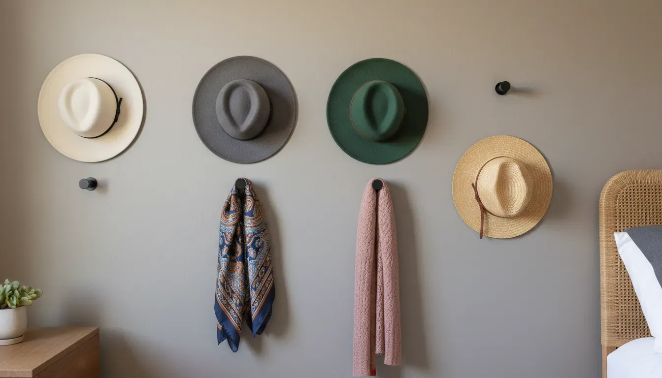 A bedroom wall featuring a curated display of wide-brimmed hats and scarves hanging on matte black hooks