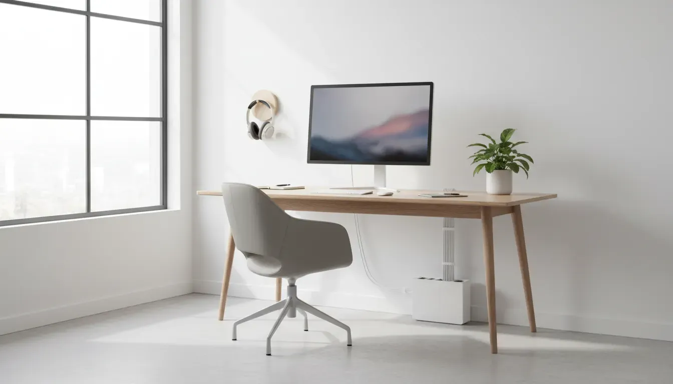A bright home office with headphones hanging on a wall hook and cables neatly organized