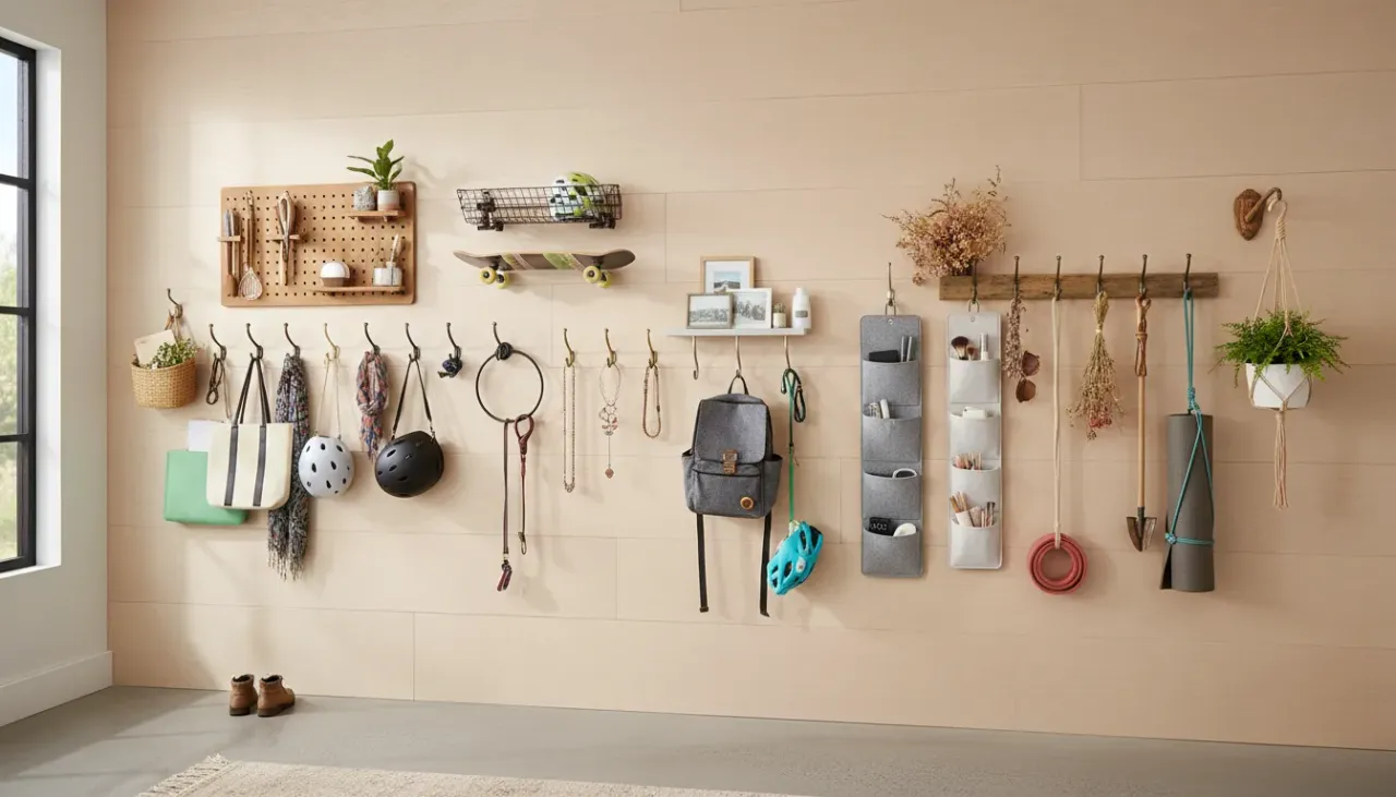 A stylish entryway wall organizer featuring brass hooks holding plants, keys, and accessories in a modern home.