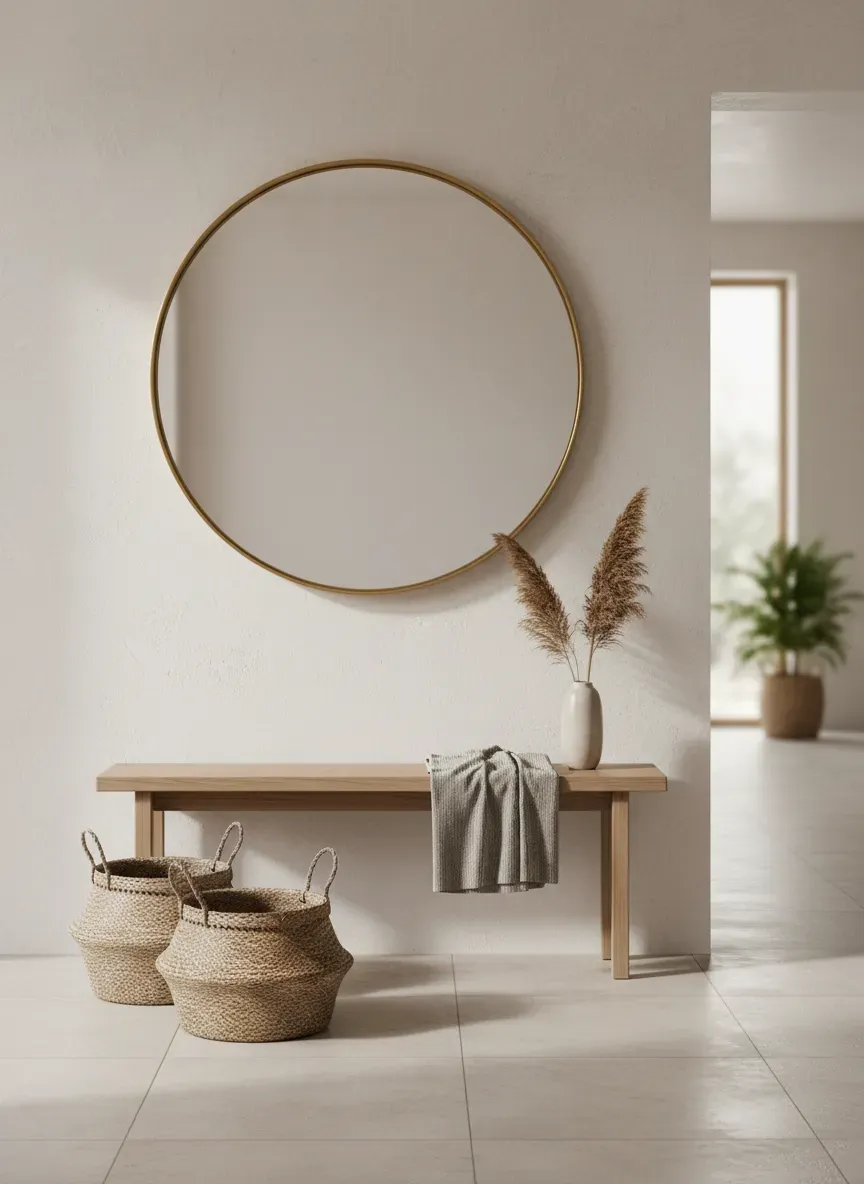 A perfectly styled entryway with a minimalist bench, large round mirror, and woven baskets